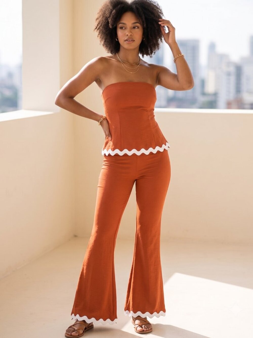 NWT | Burnt Orange 2 Piece Bell Bottom Set Ric Rac Trim Back Zipper | Small